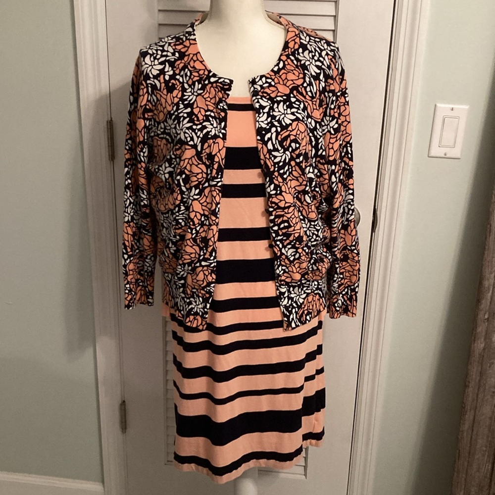 Crown & Ivy Peach and Blue Striped Long Sleeve Dress with coordinating cardigan.